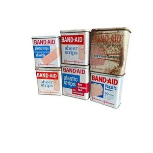 Vintage lot of (6)‎ BAND-AID Tin Cans, Johnson & Johnson One Has Bandaids